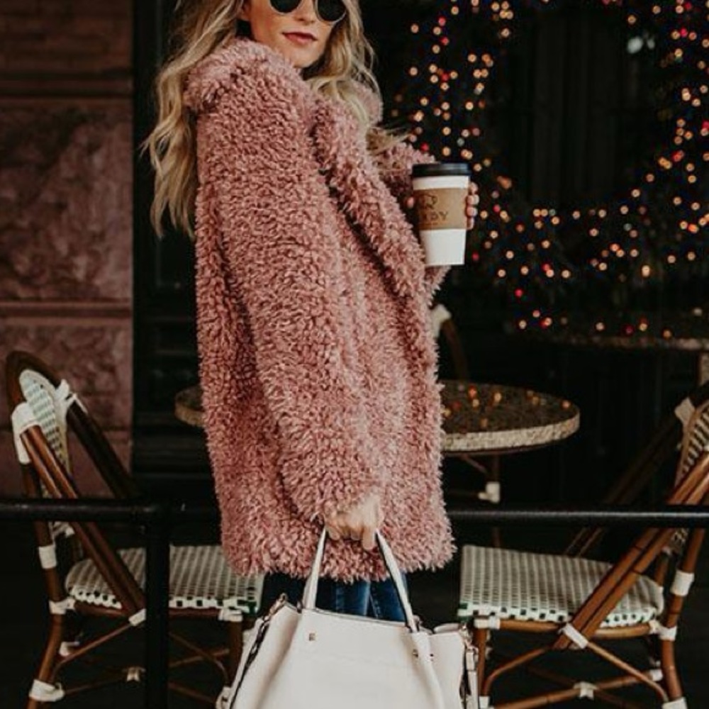 Mauve pink shaggy warm Faux fur teddy pea coat contemporary